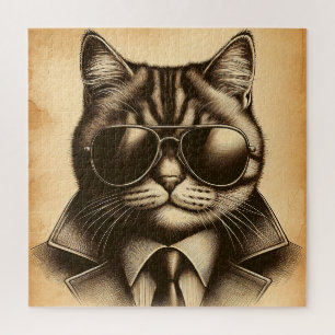 Puzzle Gato Guay retro en gafas de sol aviador, Sepia
