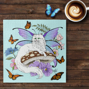 Puzzle Gato Hada Caprichoso Blanco Hongo Azul Fantasía