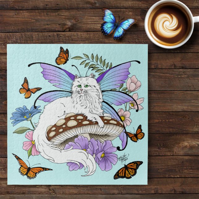 Puzzle Gato Hada Caprichoso Blanco Hongo Azul Fantasía (Subido por el creador)