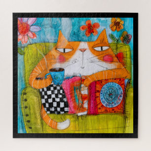 Puzzle Gato Jengibre Caprichoso con Taza de Té