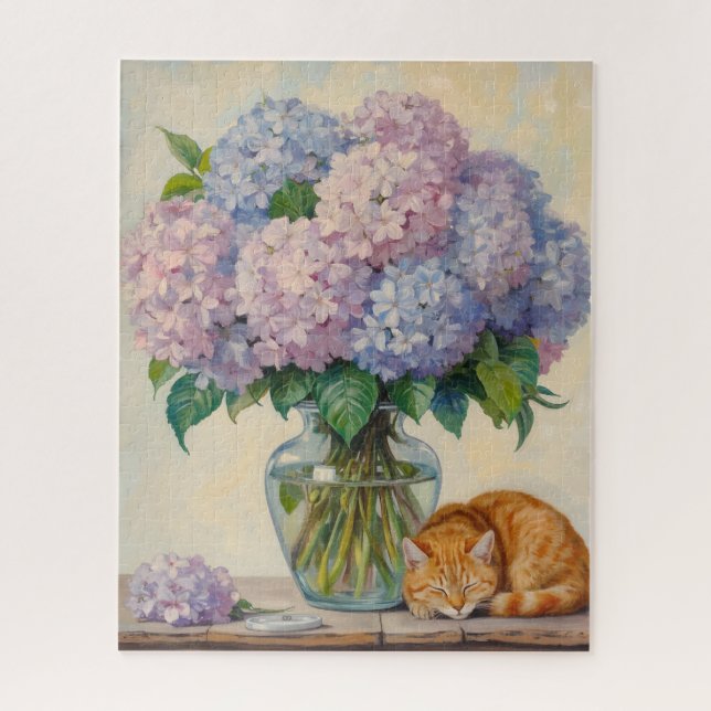 Puzzle Gato Jengibre Durmiendo y Hortensias (Vertical)