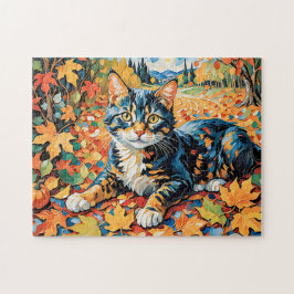 Puzzle Gato juguetón en hojas de otoño