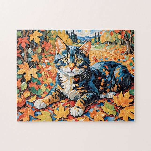 Puzzle Gato juguetón en hojas de otoño (Horizontal)