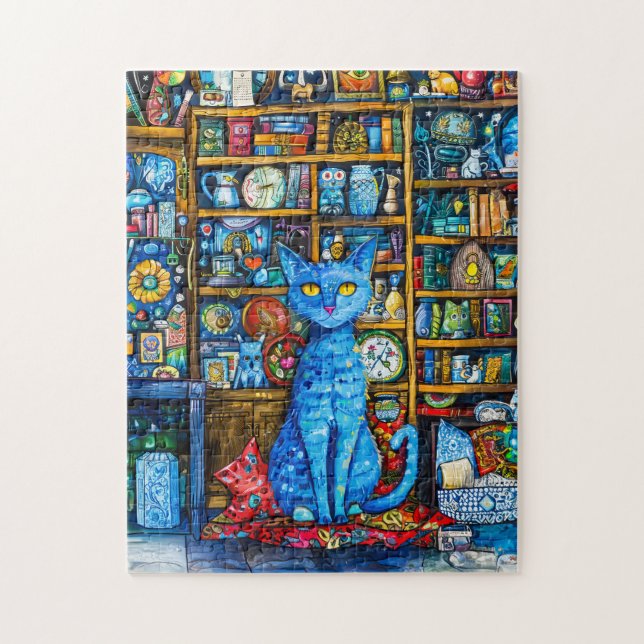 Puzzle Gato junto a una estantería colorida (Vertical)