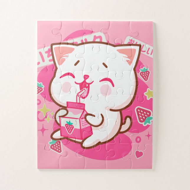 Puzzle Gato kawaii dulce leche de fresa japonesa (Vertical)