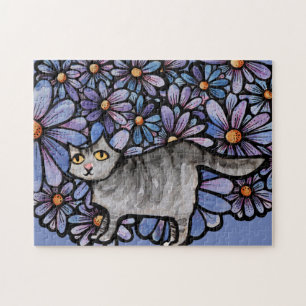 Puzzle Gato Kitty Púrpura Daisies Gris Gato Gris Gris Gri