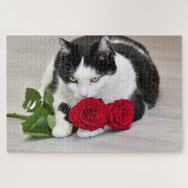 Puzzle Gato lindo con el rosa rojo (Horizontal)