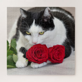 Puzzle Gato lindo con el rosa rojo