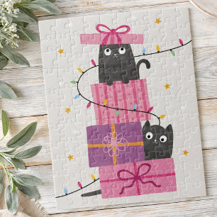 Puzzle Gato lindo con luces y regalos de Navidad