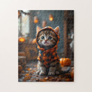 Puzzle Gato lindo con un abrigo negro y naranja en Hallow