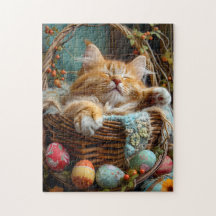 Gato Lindo de Temporada de Pascua Durmiendo en Ces