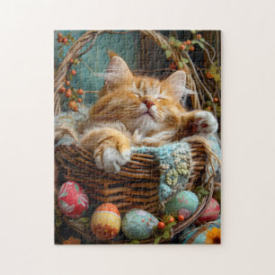 Puzzle Gato Lindo de Temporada de Pascua Durmiendo en Ces