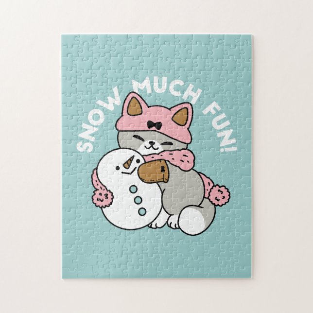 Puzzle Gato lindo en arte de nieve con muñeco de nieve (Vertical)