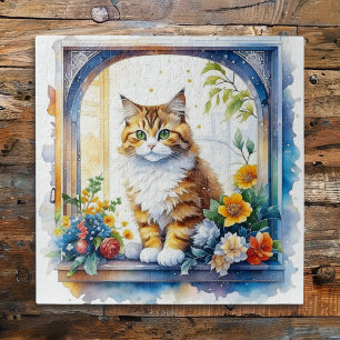 Puzzle Gato lindo en ventana de flores 