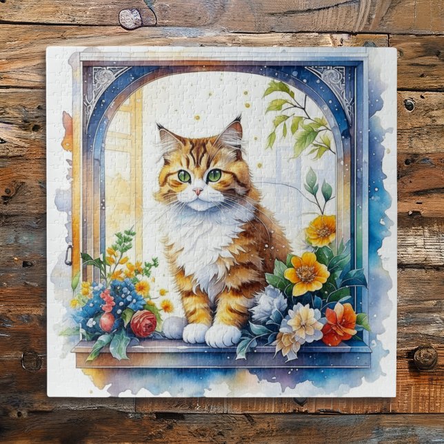 Puzzle Gato lindo en ventana de flores  (Subido por el creador)