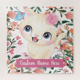 Puzzle Gato Lindo Rosas Rosadas Flores de Rubor Nombre Pe