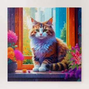 Puzzle Gato Lindo Sentado en Ventana de Ciudad Arte de IA