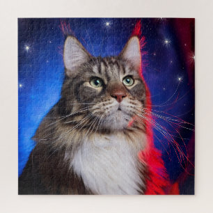 Puzzle Gato Maine Coon Con Aura Azul Blanco Rojo Y Estrel