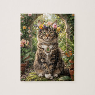 Puzzle Gato Maine Coon con Corona de Flores en un Jardín