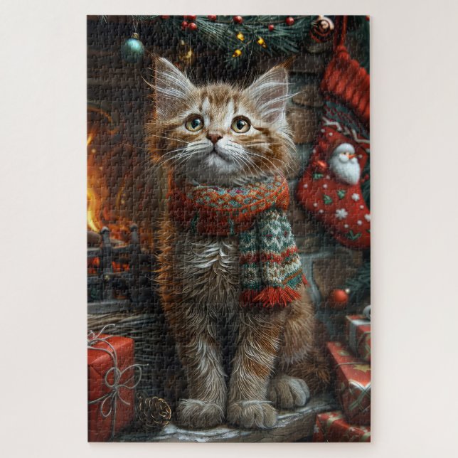 Puzzle Gato Maine Coon con regalos de Navidad chimenea (Vertical)
