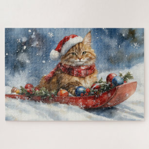 Puzzle Gato Maine Coon en Trineo Deja que Nieve Navidad