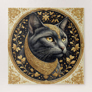 Puzzle Gato Majestuoso con Detalles Florales Dorados Orna