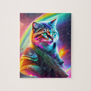 Puzzle Gato malo con arma, gato futurista astronauta de c