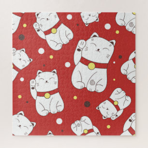 Puzzle Gato Maneki-Neko, patrón de doodle japonés.