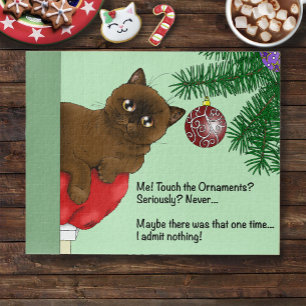 Puzzle Gato Marrón de Navidad Divertido Verde Juguetón Hu