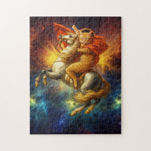 Puzzle Gato Napoleón montando a caballo por la galaxia