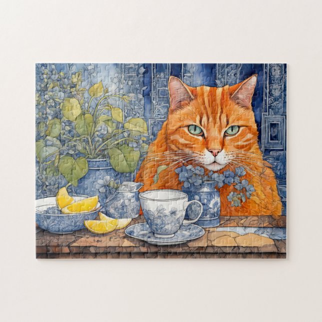Puzzle Gato naranja acuarela con té de limón (Horizontal)