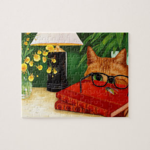 Puzzle Gato naranja, libro, abeja y orquídeas