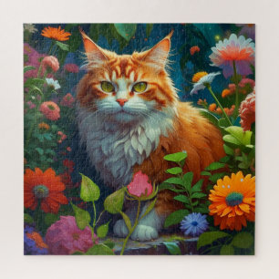 Puzzle Gato Naranja lindo en las flores