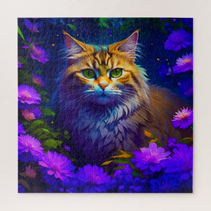 Puzzle Gato naranja lindo gatito en flores