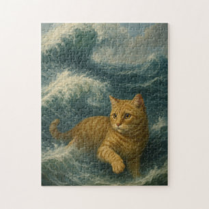 Puzzle Gato Naranja Valiente Montando Olas del Océano