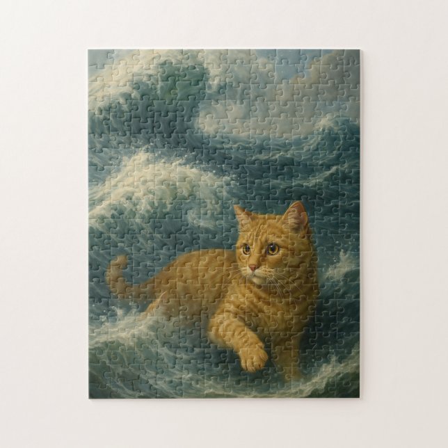Puzzle Gato Naranja Valiente Montando Olas del Océano (Vertical)