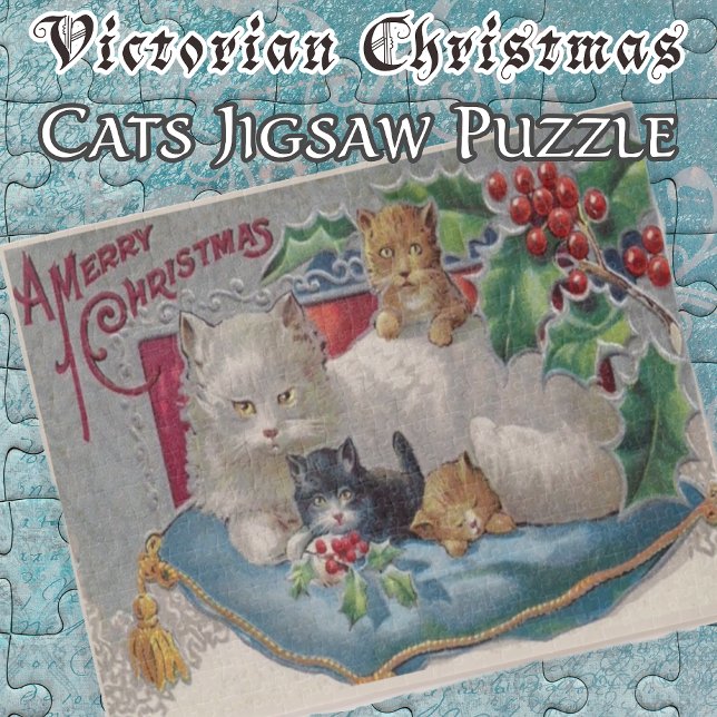 Puzzle Gato navidad con gatitos victorianos de época (Vintage Victorian Christmas Cat with Kittens Jigsaw Puzzle)