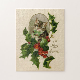 Puzzle Gato Navidades Merry Holly Kitten Arte Antiguo