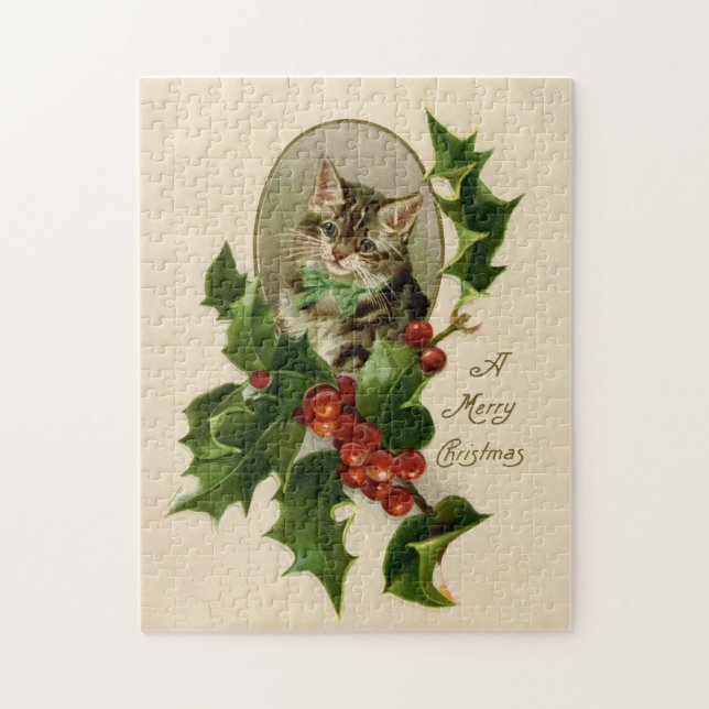 Puzzle Gato Navidades Merry Holly Kitten Arte Antiguo (Vertical)