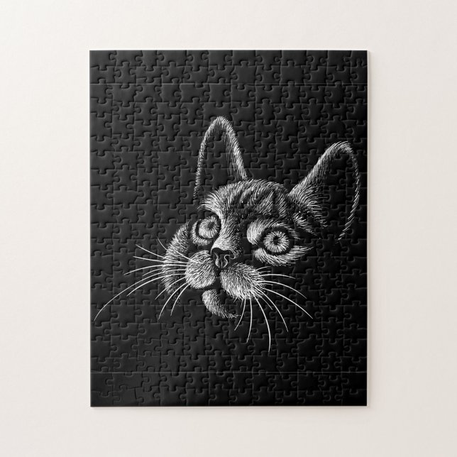Puzzle Gato negro (A jigsaw puzzle featuring a black background with a white sketch of a cat's head. )