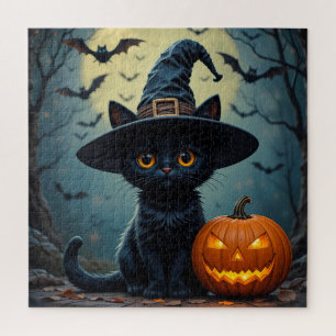 Puzzle Gato Negro Adorable con Sombrero de Bruja