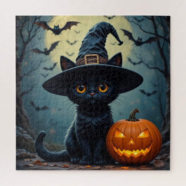 Puzzle Gato Negro Adorable con Sombrero de Bruja (Vertical)