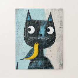 Puzzle Gato negro cómico amistoso con pájaro amarillo