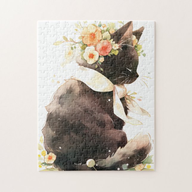 Puzzle Gato negro con corona de flor (Vertical)