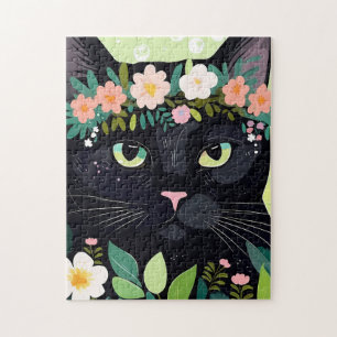 Puzzle Gato negro con corona floral