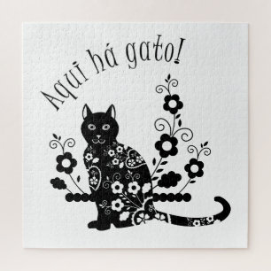 Puzzle Gato negro con flores y expresión portuguesa