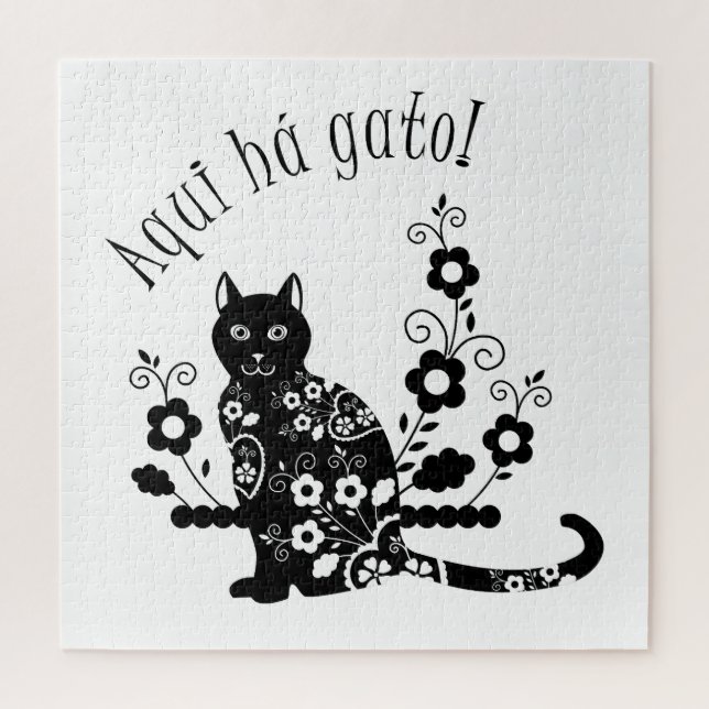 Puzzle Gato negro con flores y expresión portuguesa (Vertical)