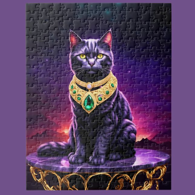 Puzzle Gato Negro con Gema Verde en Puesta de Sol (A fun cat loving puzzle!!)