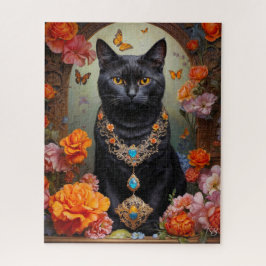 Puzzle Gato negro con hermosas joyas y flores