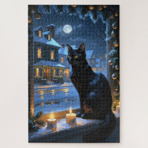 Puzzle Gato Negro Con Luces de Navidad Fiesta